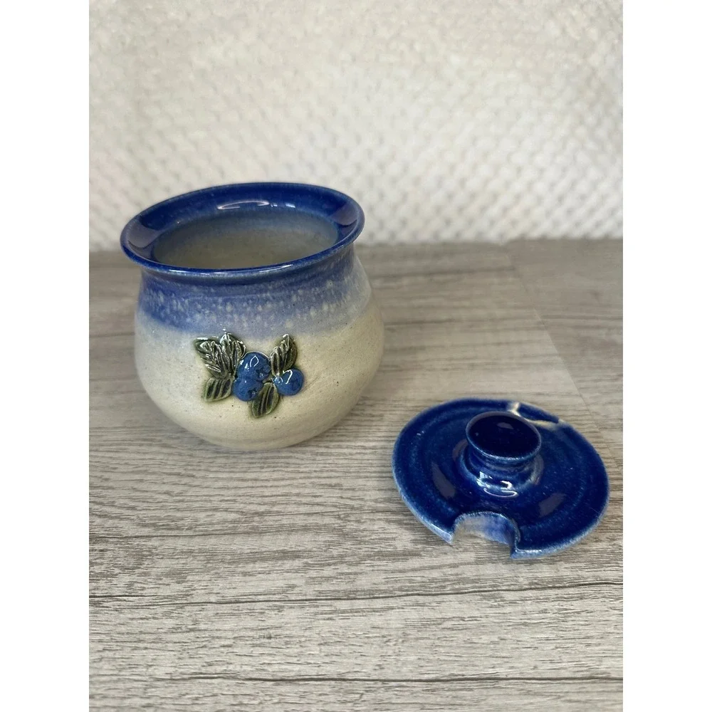 Johnson Studio Pottery Blueberry Stoneware Honey Pot with chipped Lid Blue Cream
